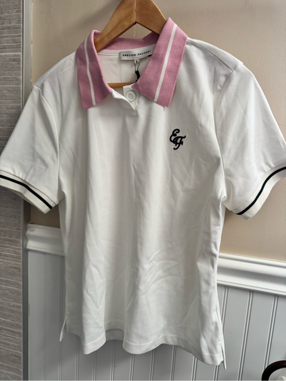 English Factory White Polo with Pink Stripe Collar and Green  Trim